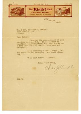 Letter, To Mr. and Mrs. Matthew J. Brennan from Charles J. Kindel