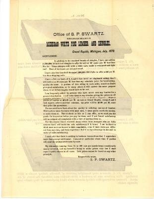 Form Letter, S. P. Swartz Company, Michigan White Pine Lumber and Shingles