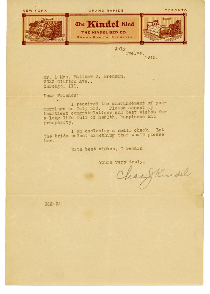 Letter, To Mr. and Mrs. Matthew J. Brennan from Charles J. Kindel