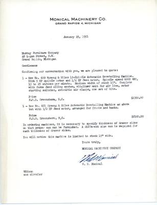 Letter, Monical Machinery Co. to Murray Furniture Co.