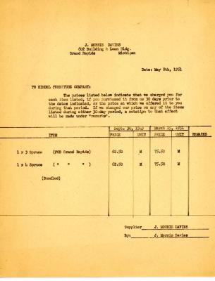 Purchase Order, J. Morris Davies to Kindel Furniture Company