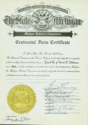 Certificate.  Centennial Farm Certificate To Earl R. &amp; Vern F. Kilmer (1864-1964)