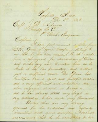 Civil War letter from Col William Innes to Captain Robinson 1st Michigan Engineers