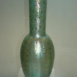 Vase, Green Glass With Cream & Yellow Zigzag Swirls