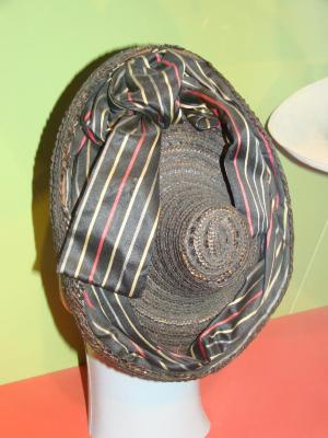 Woman's Hat, Black Straw With Striped Ribbon
