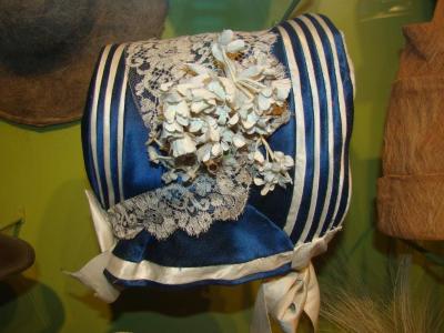 Hat, Blue Silk Bonnet With White Ribbon Trim
