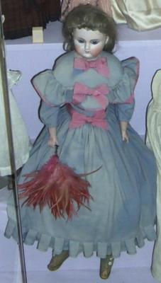 Doll, Porcelain Head, Dressed In Long Blue Dress