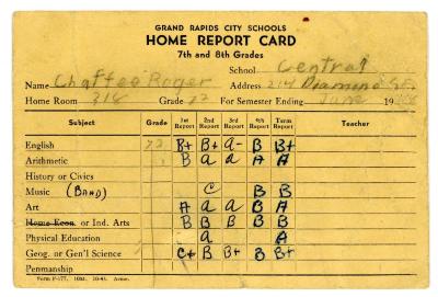 Card, Report Card Of Roger Chaffee In The 7th Grade At Central  High School