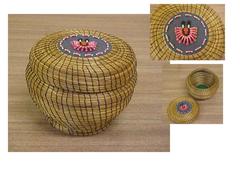 Coiled Sweet Grass Basket With Lid, Pink Beaded Design On Lid