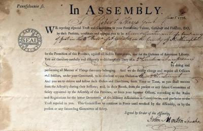 Appointment certificate given to Robert Hays, aka Hayes, signed by John Morton, Speaker of the Pennsylvania Assembly.