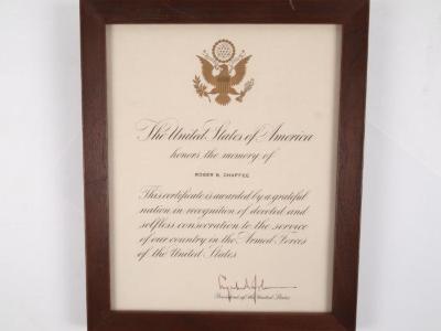 Certificate, 'the United State Of America Honors The Memory Of  Roger B. Chaffee,' Signed By Lyndon B. Johnson, Roger B. Chaffee Archive Collection #6