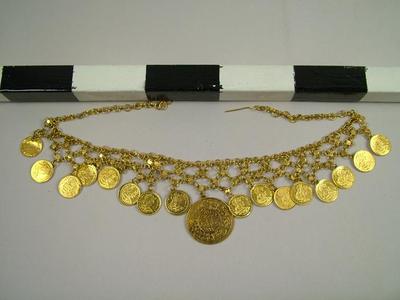 Necklace, Gold Color Coated Metal Chain, Replicas Of Medalions And A Coin