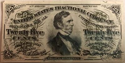 Currency, U.S. Fractional 25c, Fessenden Bust, 3rd Issue