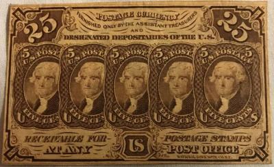 Currency, U.S. Postage 25c, 5 Busts Of Jefferson, 1st Issue
