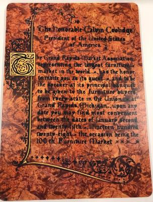 100th Grand Rapids Furniture Market Invitation To President Calvin Coolidge Loan Closed: Returned To Lender On March 6, 2009