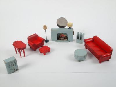 Doll House Furniture: Couch, Arm Chair, Table, Footstool, And  Fireplace