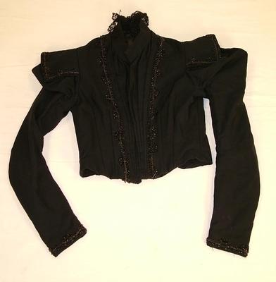 Woman's Bodice, Black With Bead Trim And Lace At Collar