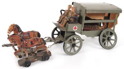 Toy Horse-drawn Medical Wagon, 1 Man On Stretcher, 2 Men Seated