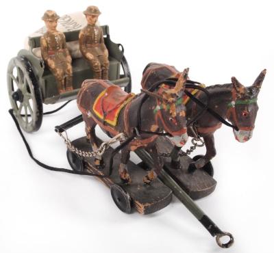 Team Of Toy Horses And Cart Pulling A Toy Cannon, 2 Men On Cart