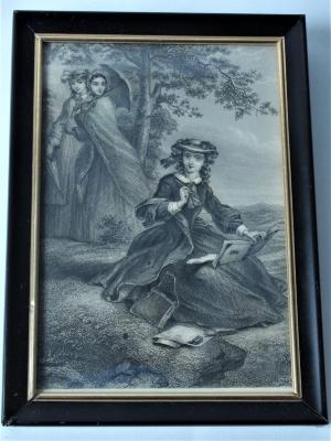 Steel engraving of Three Women in an Outdoor Setting