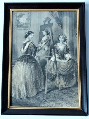 Steel Engraving of a Woman Painter and Model