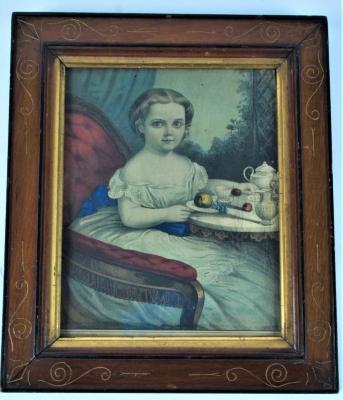 Hand-colored Lithograph, Little Minnie Taking Tea, Currier &amp; Ives